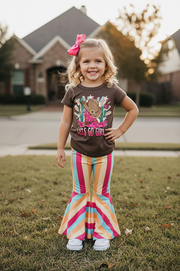 Western prints top striped bell bottom girls boutique sets XCH0333-5H