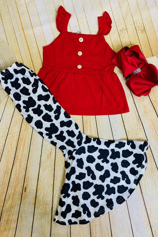 XCH0333-6H Red sleeveless top & cow printed bell bottom 2pc girls sets