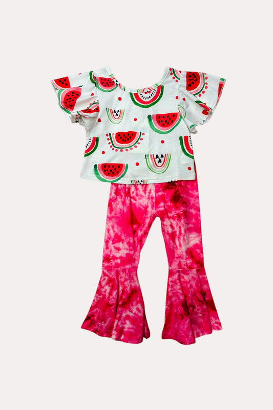 XCH0333-9 Watermelon top & tie dye red bell bottom 2pc girls sets