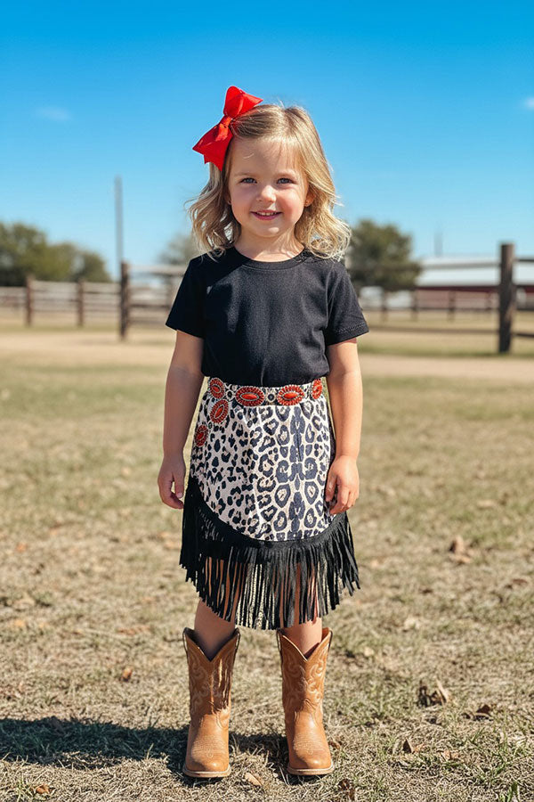 Western black top leopard suede fringe skirt girls boutique set XCH04004