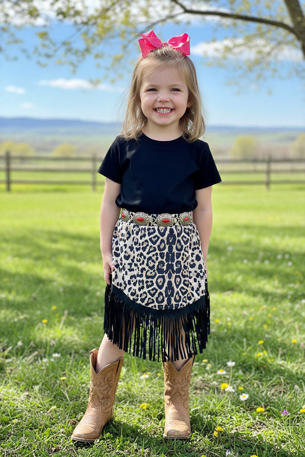 XCH04004 Black short sleeve top suede leopard skirts with fringe 2pcs girls sets