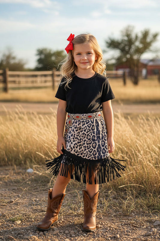 Western black top leopard suede fringe skirt girls boutique set XCH04004