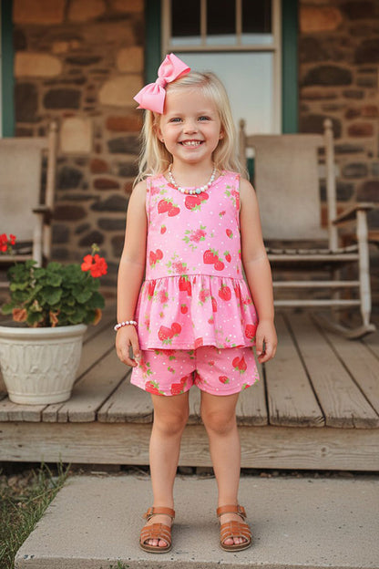 Chic pink strawberry top & shorts 2pcs girls boutique sets XCH04015