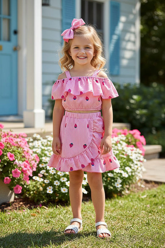 Casual patchwork strape & strawberry top & skirt 2pc girls boutique sets XCH04024