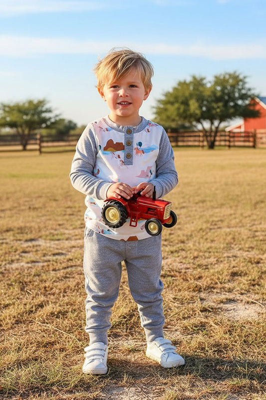 Western horse prints & grey top and pant boy's boutique sets XCH04028