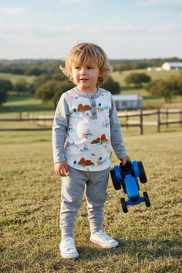 Western horse prints & grey top and pant boy's boutique sets XCH04028