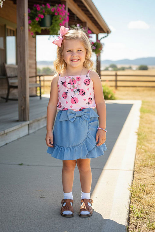 Western chic Ladybug top & denim shorts 2pcs girls boutique set XCH04031