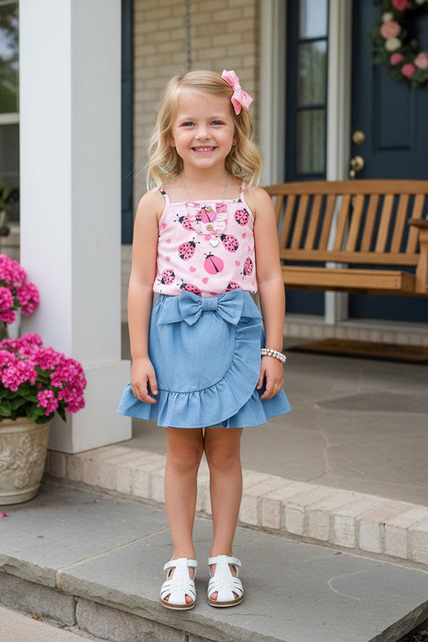 Western chic Ladybug top & denim shorts 2pcs girls boutique set XCH04031