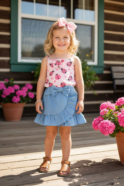 Western chic Ladybug top & denim shorts 2pcs girls boutique set XCH04031
