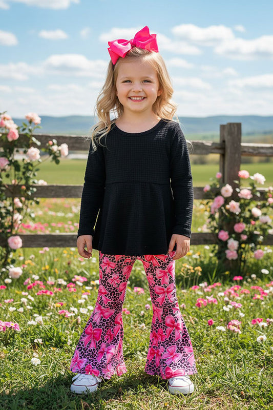 Knitted black long sleeve top bows printed pink pant 2pcs girls sets XCH04040