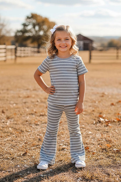 Grey striped short sleeve top & bell bottom pant girls boutique set XCH04047