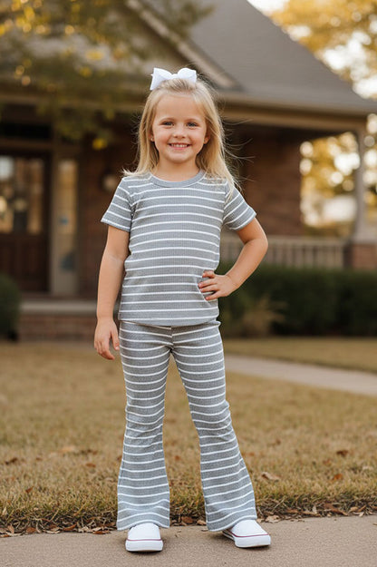 Grey striped short sleeve top & bell bottom pant girls boutique set XCH04047