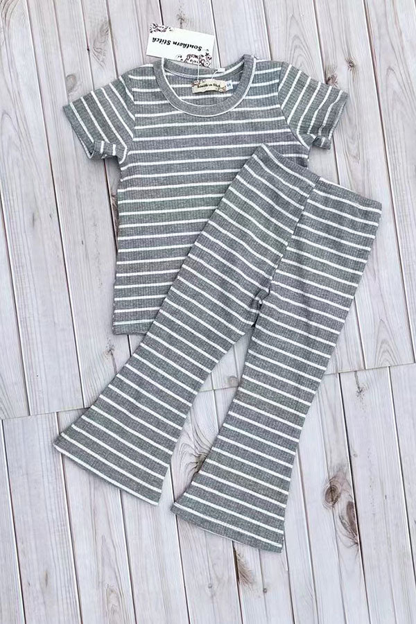 Grey striped short sleeve top & bell bottom pant 2pc girls set XCH04047