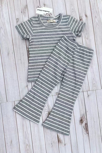 Grey striped short sleeve top & bell bottom pant 2pc girls set XCH04047