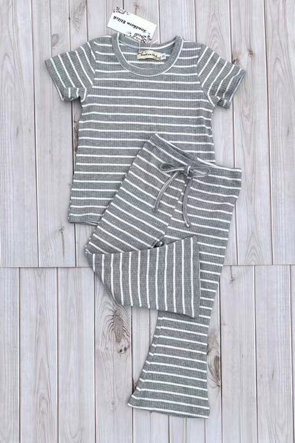Grey striped short sleeve top & bell bottom pant 2pc girls set XCH04047