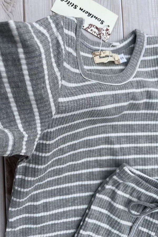 Grey striped short sleeve top & bell bottom pant 2pc girls set XCH04047