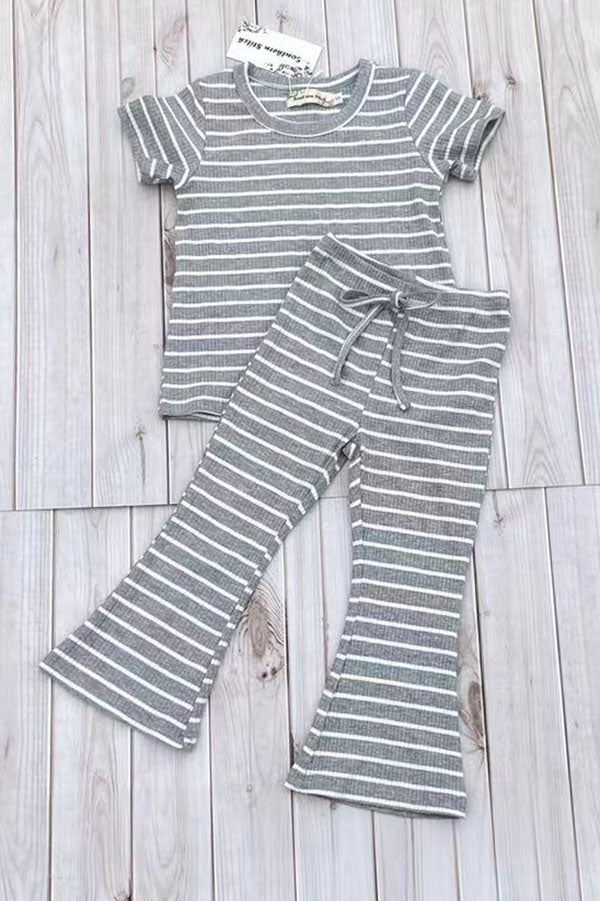 Grey striped short sleeve top & bell bottom pant 2pc girls set XCH04047
