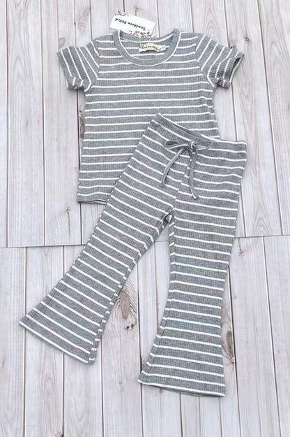 Grey striped short sleeve top & bell bottom pant 2pc girls set XCH04047