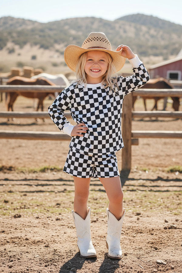 Western checkered long sleeve top & shorts girls boutique sets XCH04048