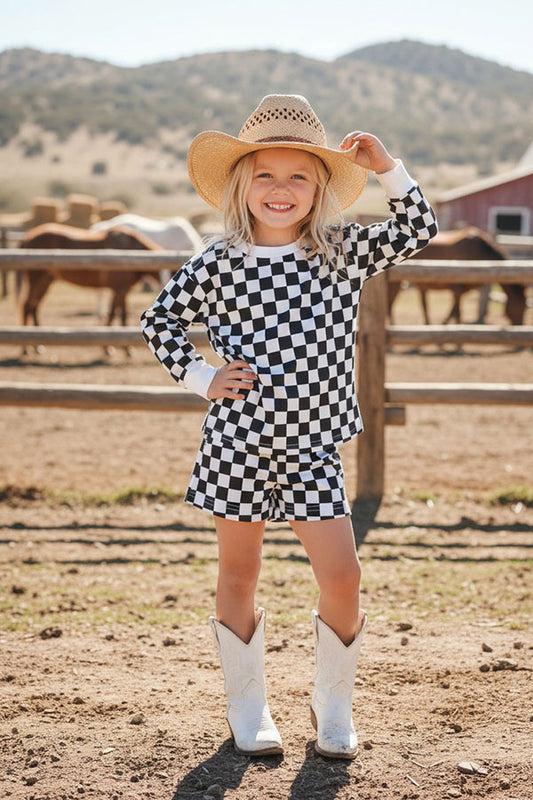 Western checkered long sleeve top & shorts girls boutique sets XCH04048