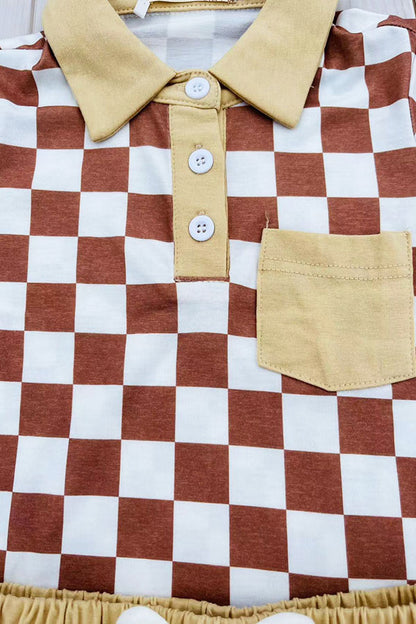 Brown checkered short sleeve top & shorts 2pc boy's set XCH04049