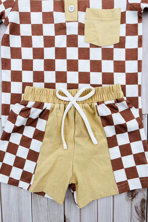 Brown checkered short sleeve top & shorts 2pc boy's set XCH04049