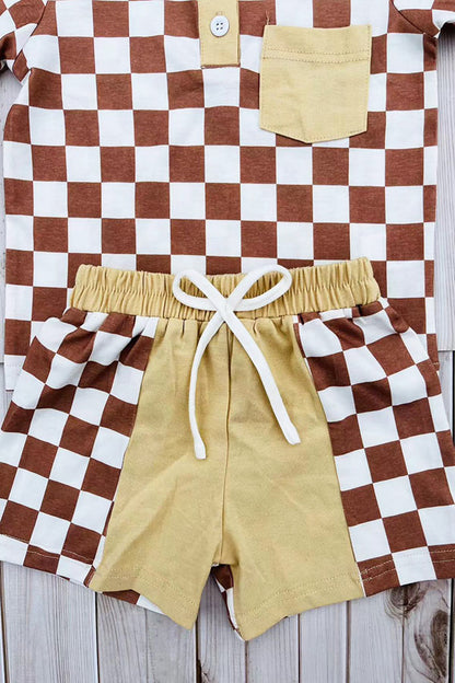 Brown checkered short sleeve top & shorts 2pc boy's set XCH04049