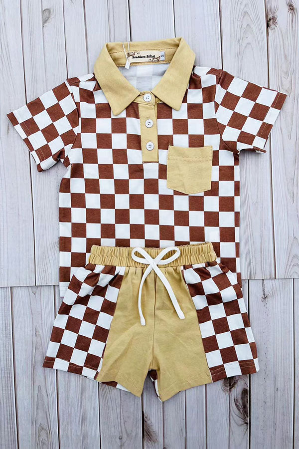 Brown checkered short sleeve top & shorts 2pc boy's set XCH04049