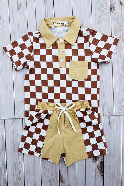 Brown checkered short sleeve top & shorts 2pc boy's set XCH04049
