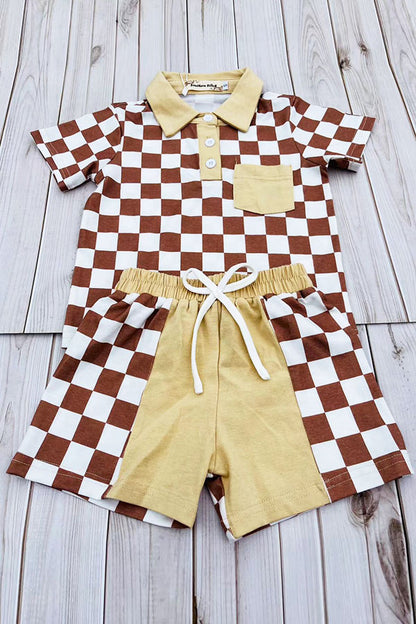 Brown checkered short sleeve top & shorts 2pc boy's set XCH04049