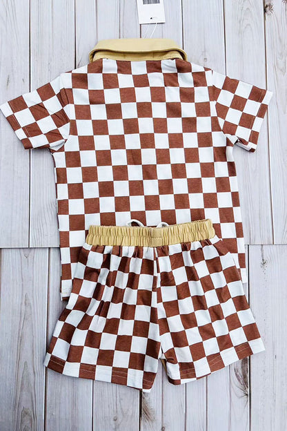 Brown checkered short sleeve top & shorts 2pc boy's set XCH04049