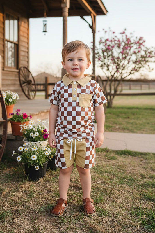Brown checkered short sleeve top & shorts 2pc boy's set XCH04049