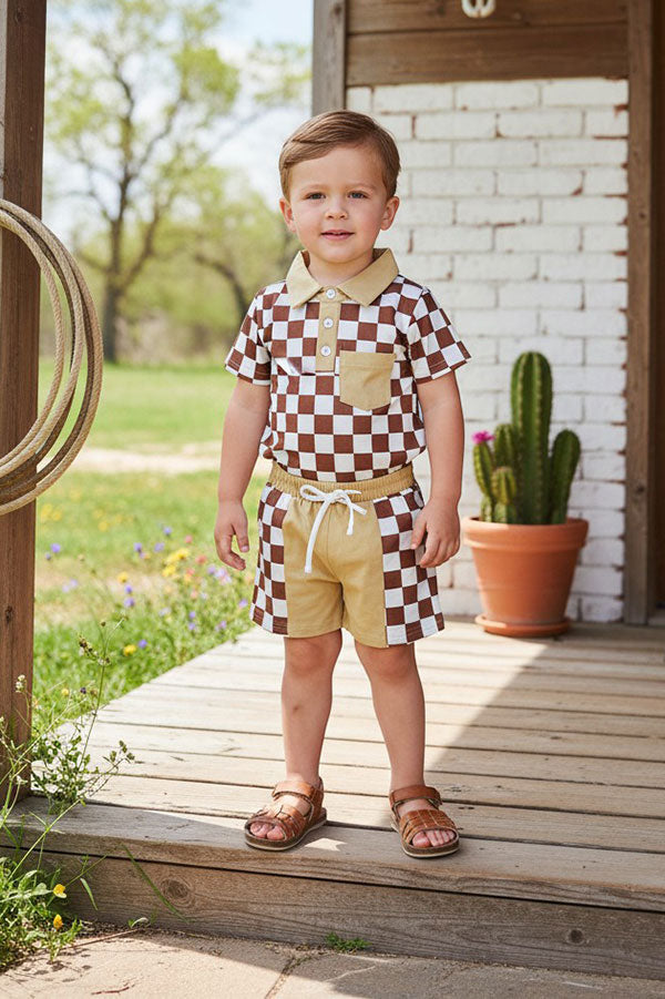 Brown checkered short sleeve top & shorts 2pc boy's set XCH04049