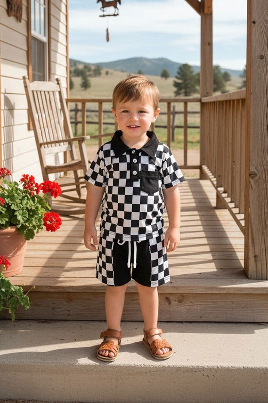 Black checkered short sleeve top & shorts 2pc boy's set XCH04050