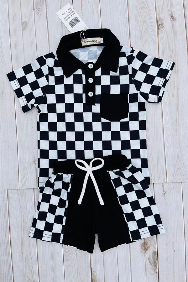 Black checkered short sleeve top & shorts 2pc boy's set XCH04050