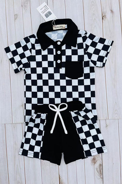 Black checkered short sleeve top & shorts 2pc boy's set XCH04050
