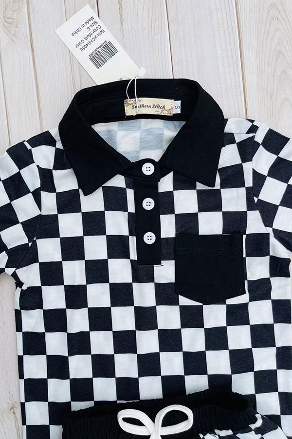 Black checkered short sleeve top & shorts 2pc boy's set XCH04050