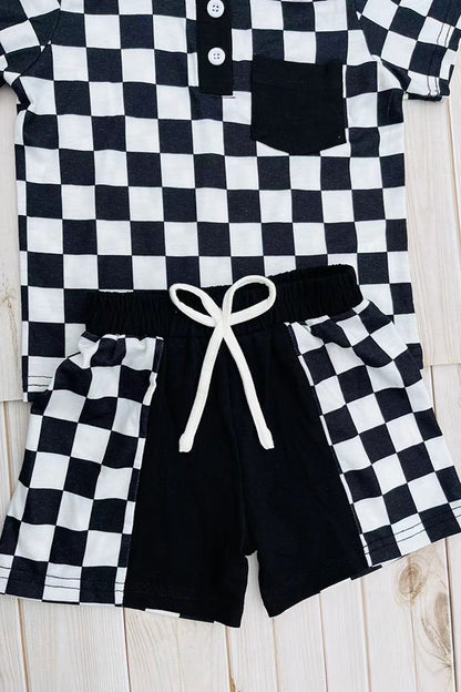 Black checkered short sleeve top & shorts 2pc boy's set XCH04050