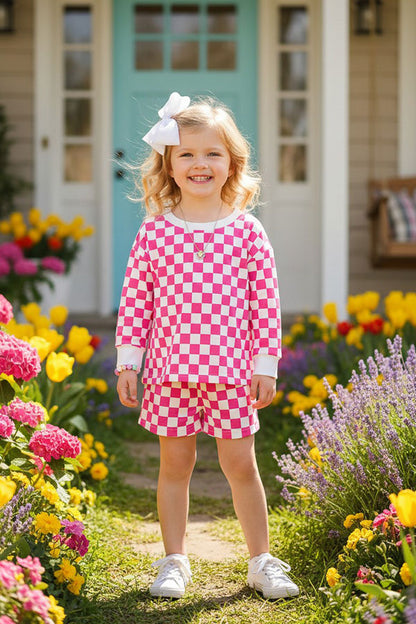 Pink checkered printed long sleeve top & shorts 2pc girls sets XCH04051