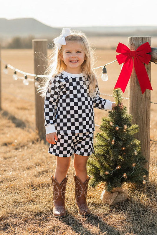 Navy blue checkered long sleeve top & Shorts 2pc girls set XCH04055