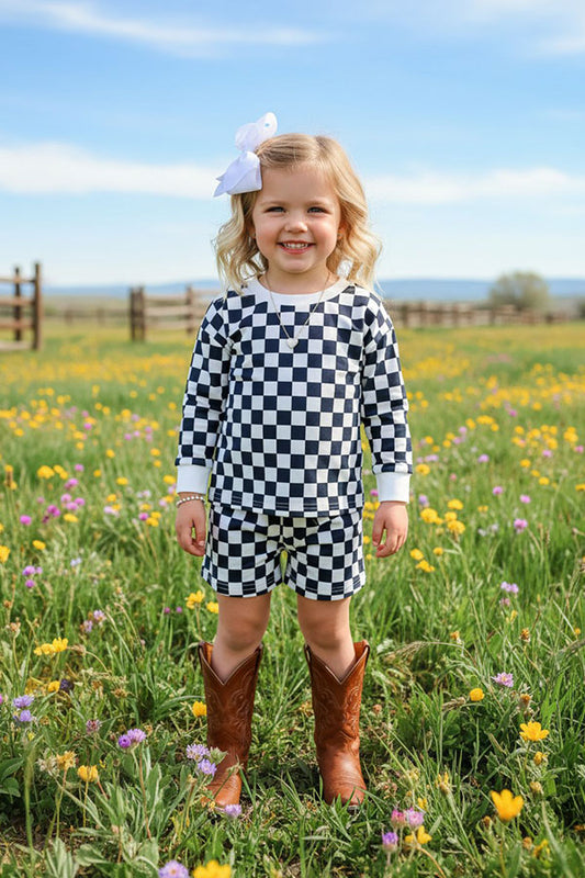 Navy blue checkered long sleeve top & Shorts 2pc girls set XCH04055