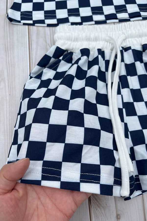 Navy blue checkered long sleeve top & Shorts 2pc girls set XCH04055