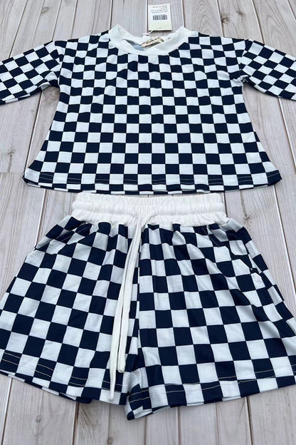 Navy blue checkered long sleeve top & Shorts 2pc girls set XCH04055