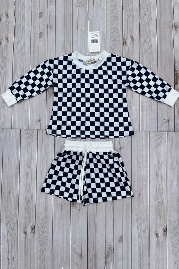 Navy blue checkered long sleeve top & Shorts 2pc girls set XCH04055