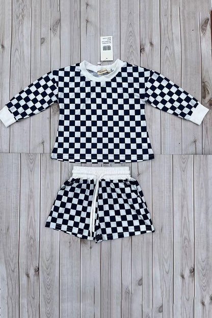 Navy blue checkered long sleeve top & Shorts 2pc girls set XCH04055