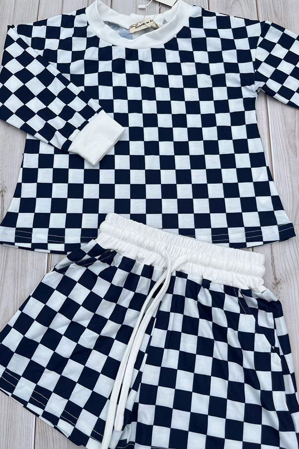 Navy blue checkered long sleeve top & Shorts 2pc girls set XCH04055
