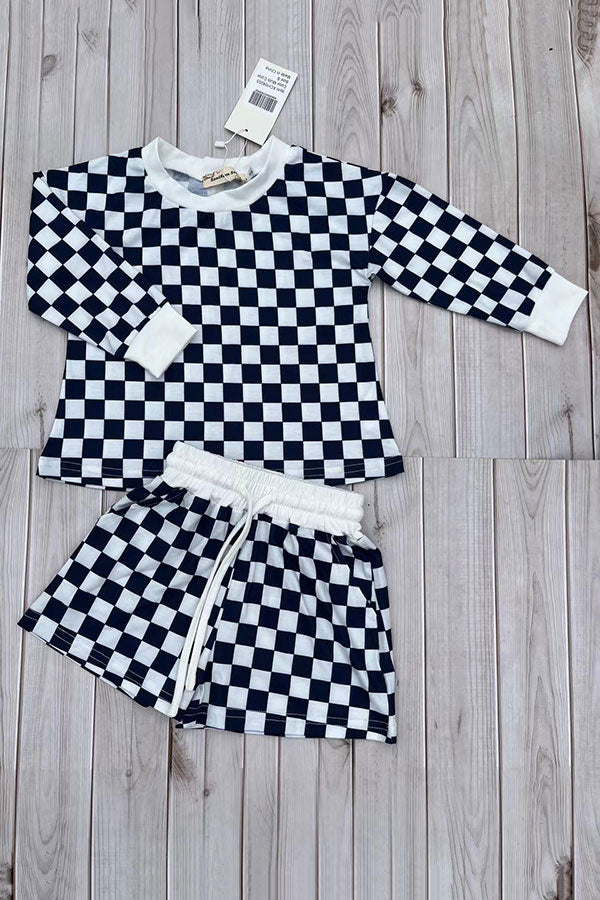 Navy blue checkered long sleeve top & Shorts 2pc girls set XCH04055