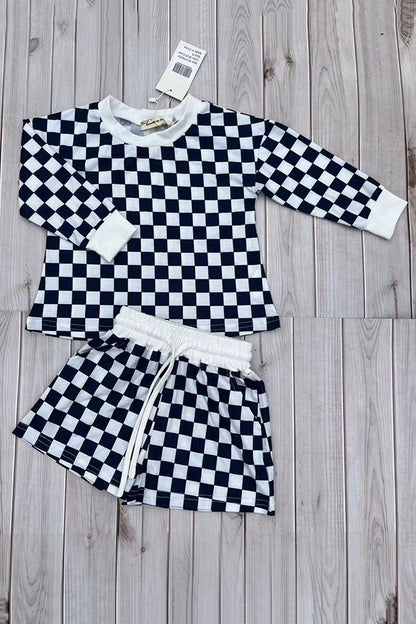 Navy blue checkered long sleeve top & Shorts 2pc girls set XCH04055