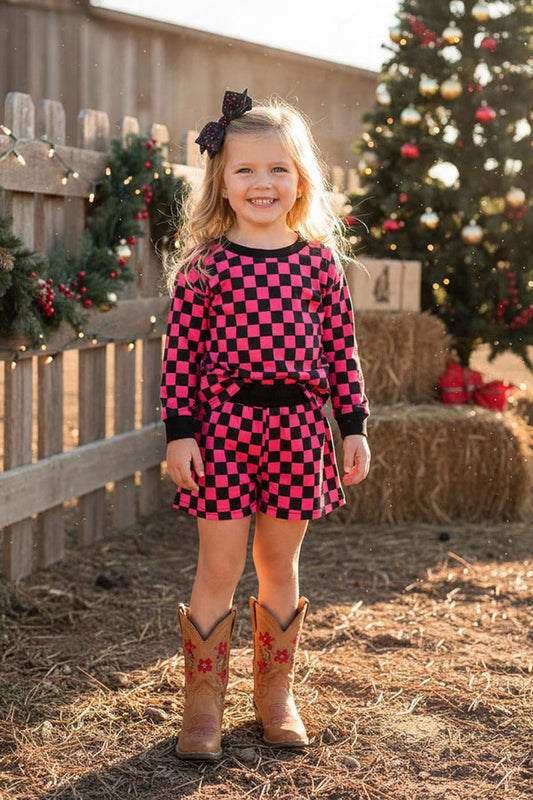 Fuchsia & black checkered long sleeve top & Shorts 2pc girls set XCH04056