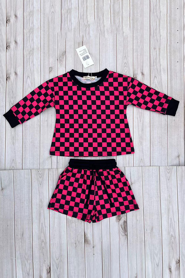 Fuchsia & black checkered long sleeve top & Shorts 2pc girls set XCH04056